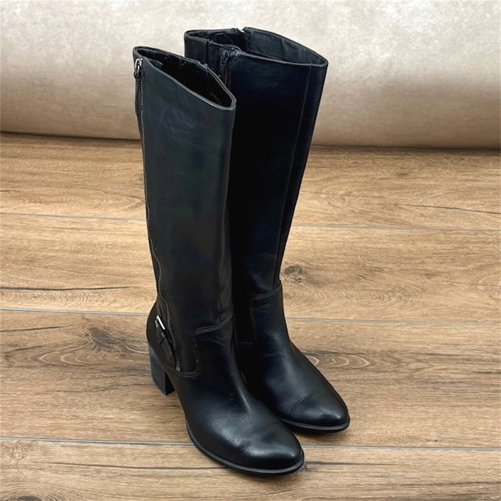 ECCO Women's Size 7 US 38 EU Black Leather Knee High Bootsโ Block Heel Zip